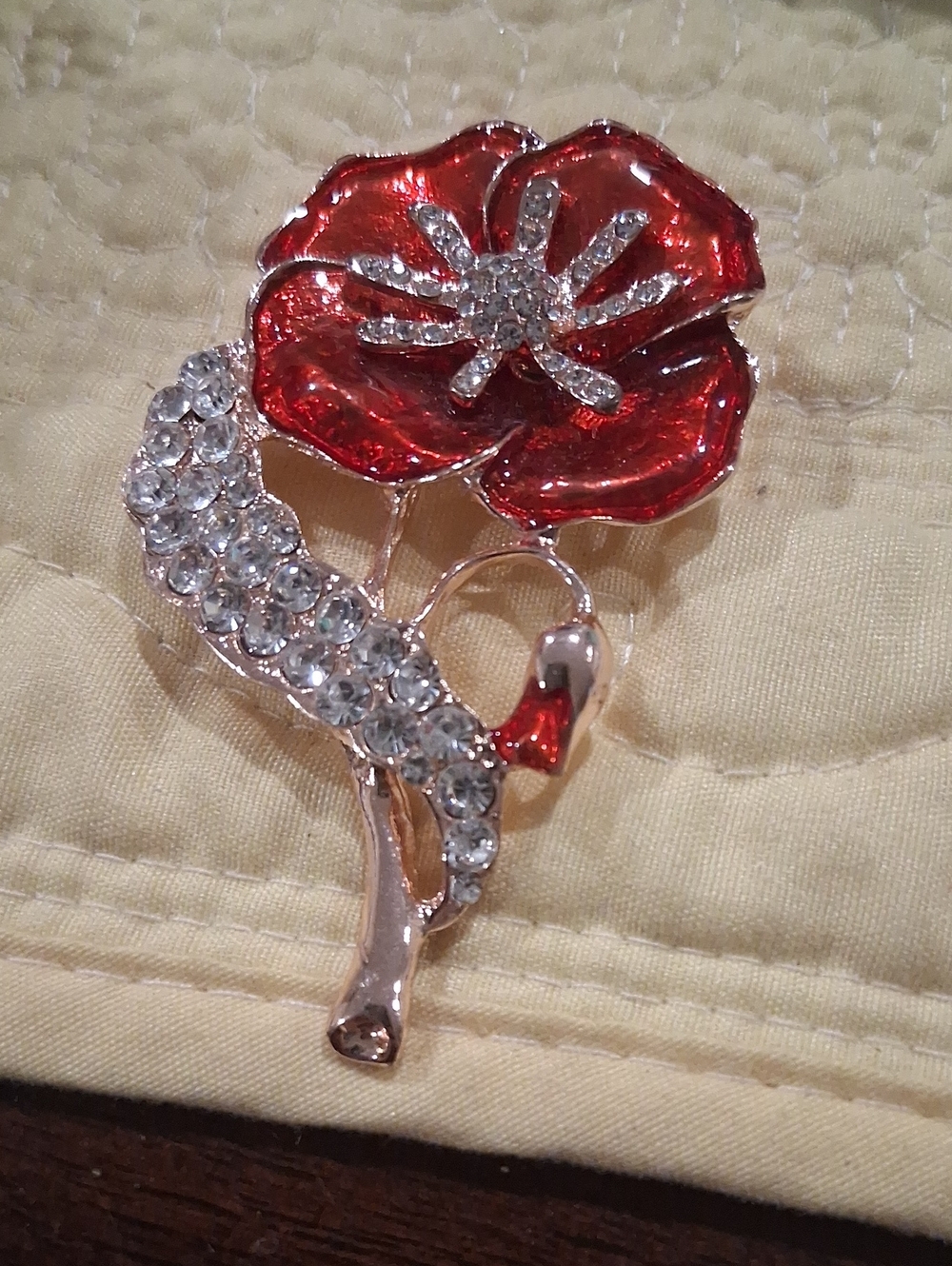 Red Enamel & Crystal Poppy Flower Brooch